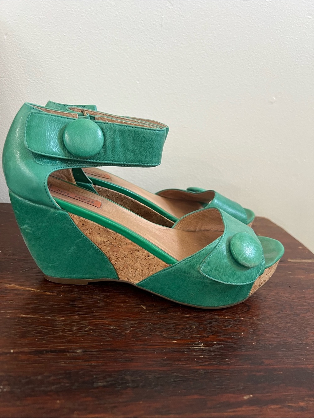Miz Mooz Green Suede Cork Platform Wedge Sandals - Picture 2 of 8